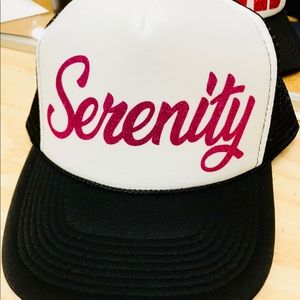 Serenity pink glitter on B/W trucker hat